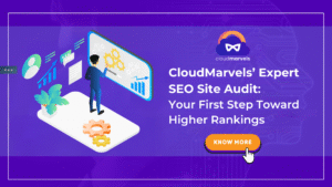 SEO professional examining a website’s technical and content audit report on a computer screen with ranking graphs and search engine icons, symbolizing CloudMarvels’ expert SEO site audit for improved rankings.
