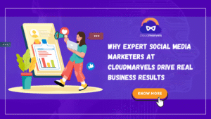 Team of expert social media marketers analyzing performance dashboards and creating engaging content, representing how CloudMarvels drives real business results through strategic social media marketing.