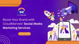 Digital marketing expert creating engaging social media content with brand logos, post scheduling tools, and engagement icons, representing CloudMarvels’ social media marketing services to boost brand visibility.