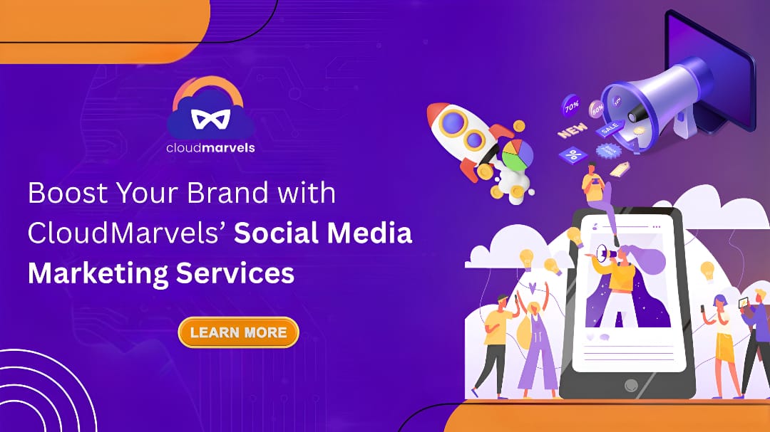 Digital marketing expert creating engaging social media content with brand logos, post scheduling tools, and engagement icons, representing CloudMarvels’ social media marketing services to boost brand visibility.